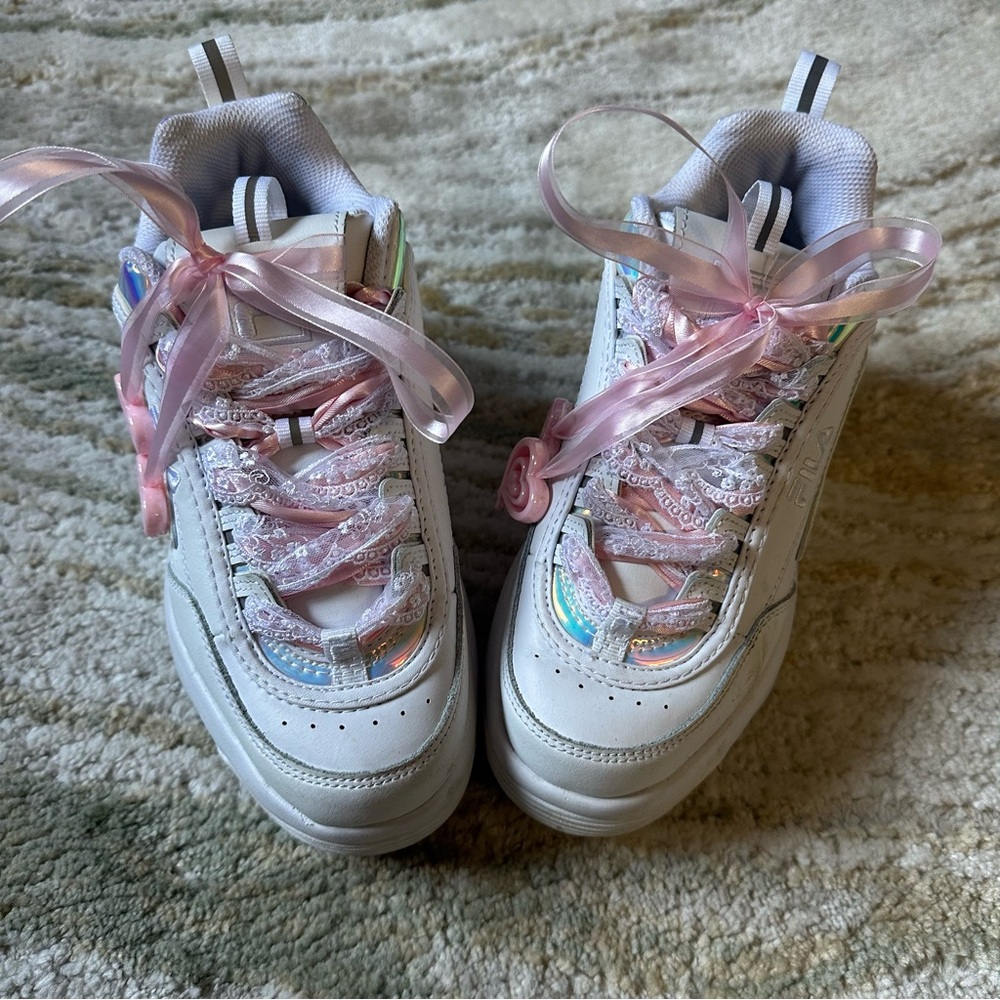 Fila Wedge White Platform Sneakers with Pink And Iridescent Accents size 7 women - Picture 2 of 7